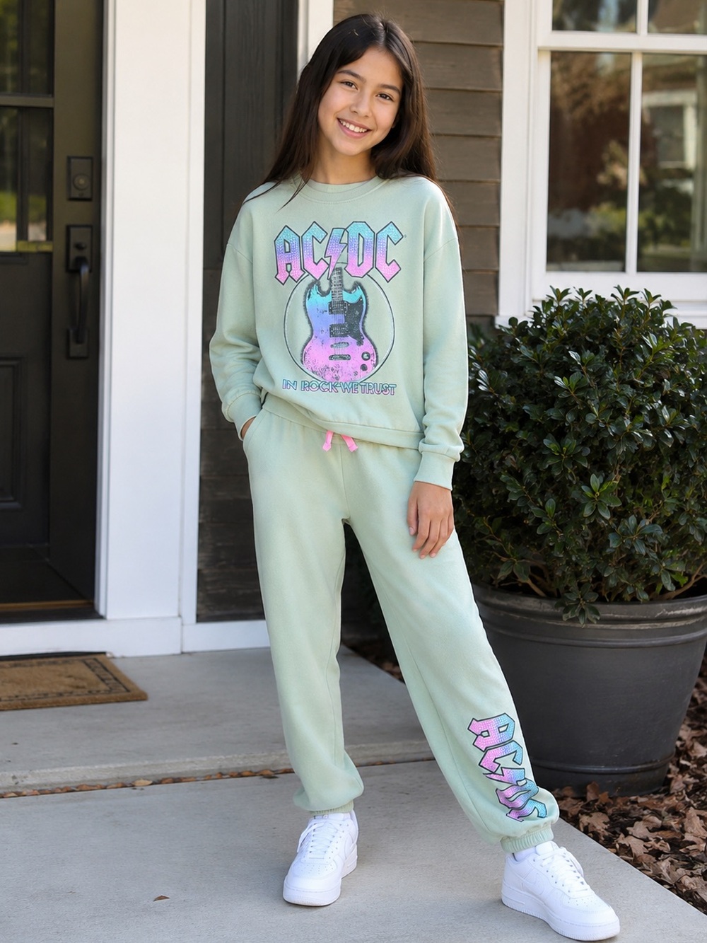 AC/DC Girl’s Graphic Sweatshirt Jogger Set Aqua Foam Size 10/12
